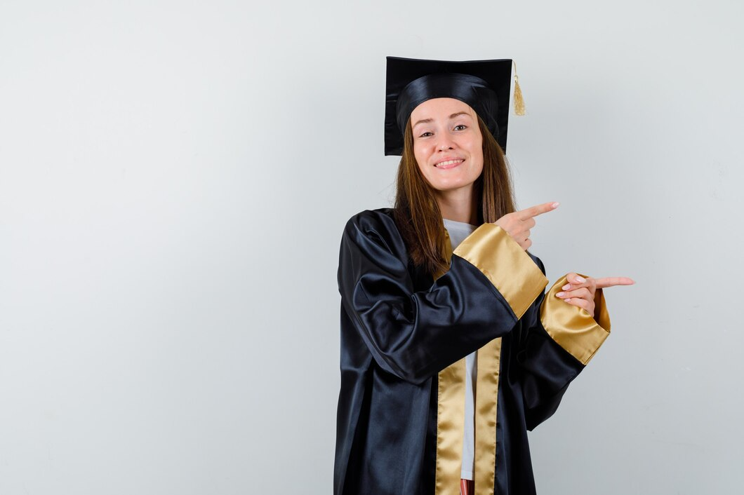 young-female-graduate-academic-dress-pointing-right-side-looking-happy-front-view_176474-51254